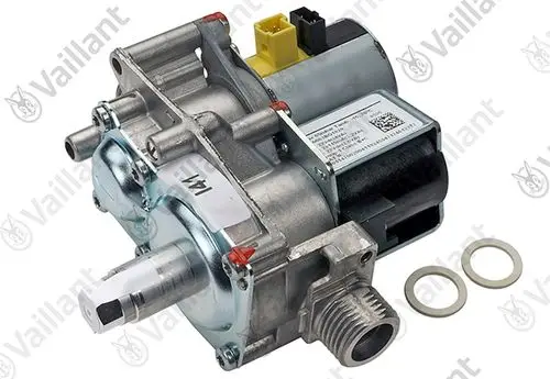Vaillant Gasarmatur mit elektrischen Anschlüssen, mehreren Anschlüssen und Dichtungen, gefertigt aus Metall und Kunststoff.